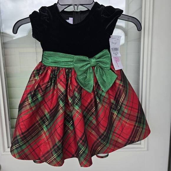Bonnie Jean Plaid Girls Dress Size 2T Green Bow New Multic Color Fit Flare - Picture 2 of 12